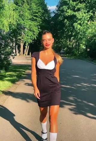 Sexy Anya Ischuk Shows Cleavage in Dress in a Street