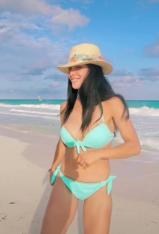 Sensual Rosángela Espinoza Shows Cleavage in Blue Bikini at the Beach and Bouncing Big Boobs