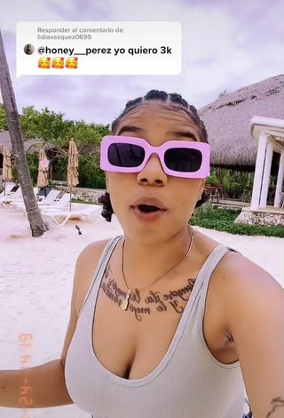 1. Sexy Honey Perez Shows Cleavage in Grey Crop Top at the Beach