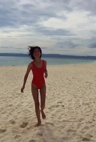 Hot Edina Enriquez in Red Swimsuit at the Beach