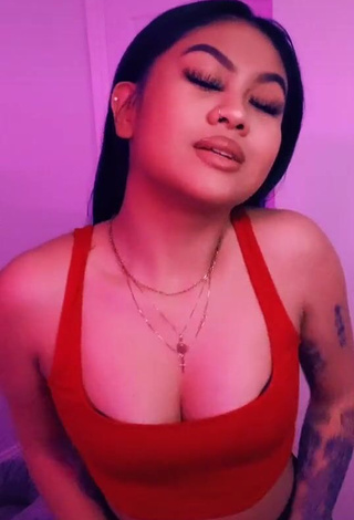 Cute Carly Sarah Shows Cleavage in Red Crop Top