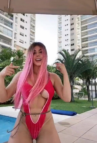 Sexy Jaquelline Shows Cleavage in Red Swimsuit and Bouncing Boobs