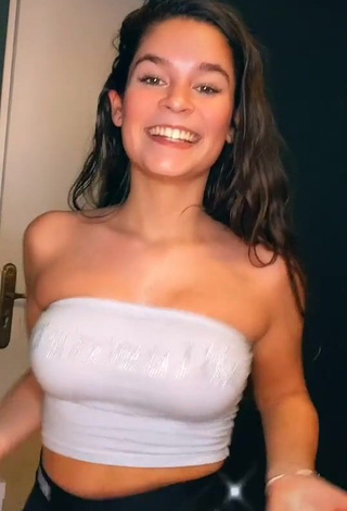 1. Sexy Margaux Letellier Shows Cleavage in White Tube Top and Bouncing Boobs