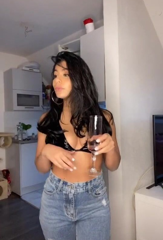 1. Hot Sabrine Khan Shows Cleavage in Black Bikini Top