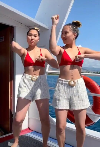 Sexy Tomiris & Nargiz Kanatova in Red Bikini Top on a Boat