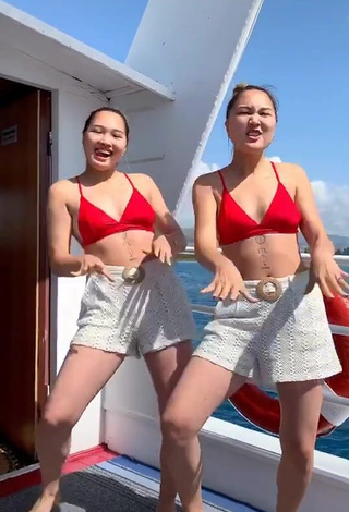 4. Sexy Tomiris & Nargiz Kanatova in Red Bikini Top on a Boat