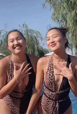 1. Hot Tomiris & Nargiz Kanatova in Leopard Swimsuit at the Swimming Pool