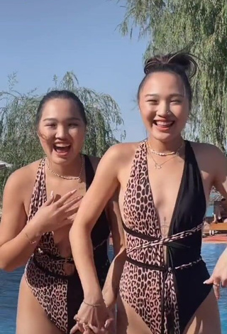 Hot Tomiris & Nargiz Kanatova in Leopard Swimsuit at the Swimming Pool