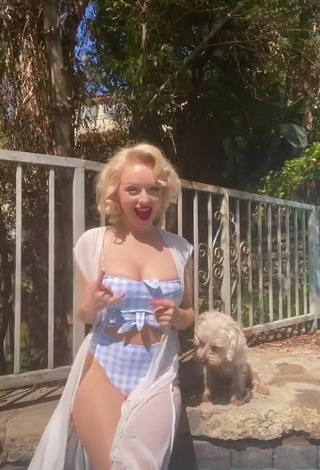 3. Desirable Jasmine Chiswell Shows Cleavage in Checkered Swimsuit at the Swimming Pool