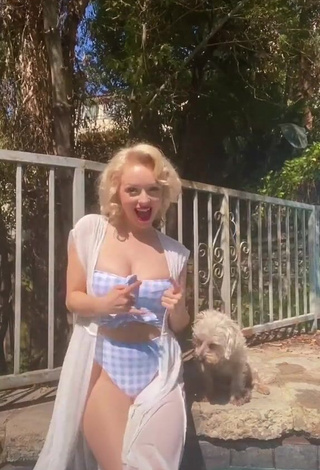 4. Desirable Jasmine Chiswell Shows Cleavage in Checkered Swimsuit at the Swimming Pool